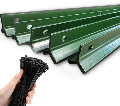 Kit de postes de valla de metal verde para jardines, granjas, arbustos, cinturones verdes, pilares de acero con bridas de cremallera para vallas de malla de alambre, 1,5 m de alto (paquete de 5)