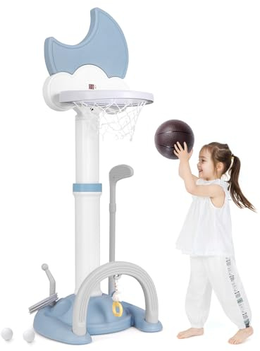 COSTWAY 4-i-1-set för barn, basketkorgsset, basketstativ höjdjusterbart med basketboll och fotboll och ringkast, lekplats för barn med resultattavla, korgställning för barn från 3 år (blå)