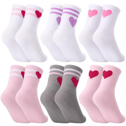 Utensilsto 6 Paar Herz Tennissocken für Mädchen Sportsocken Kinder 32-36 Tennis Socken mit Herz Crew Socks Laufsocken Sport Socken for Kinder
