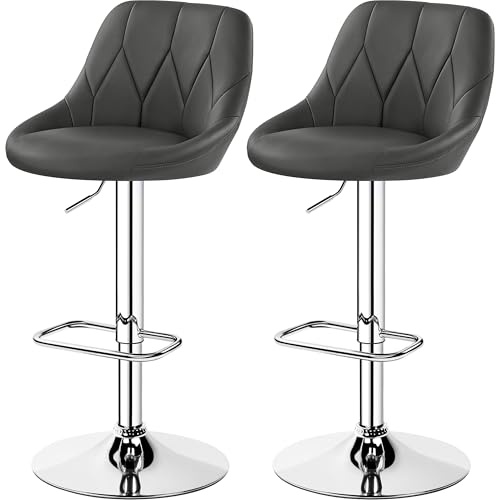 Yaheetech Juego de 2 Taburetes de Bar de Altura Ajustable 86-107,5 cm Sillas de Bar Asiento Giratorio Reposapiés Cuadrado Estructura de Metal Gris Oscuro
