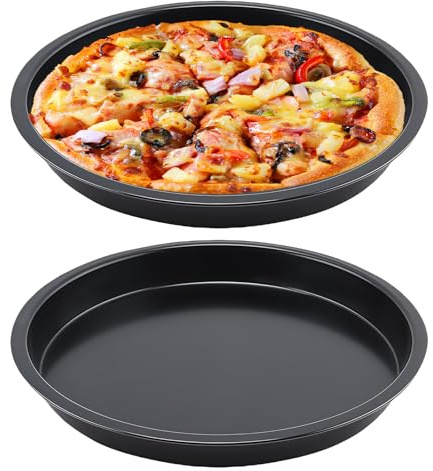 TOATELU 2 bandejas para pizza de 28 cm de diámetro, molde redondo de acero inoxidable con revestimiento antiadherente, para pizza, pasteles flameados, duradero y fácil de limpiar, color negro