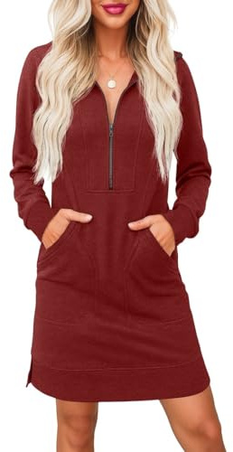 PrinStory Jumper Dress for Women UK Long Sleeve Half Zip V Neck Sweatshirt Dress with Side Pockets Casual Polo Jumper Sweatshirt (Wine Red, L)