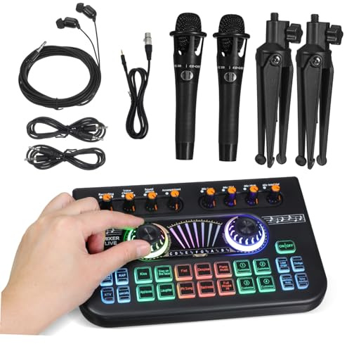 Mikinona Sonido para Streaming y Gaming Tarjeta de Audio Profesional con Doble Micrófono Mezclador Dj y Efectos para Podcast y Grabación Estudio