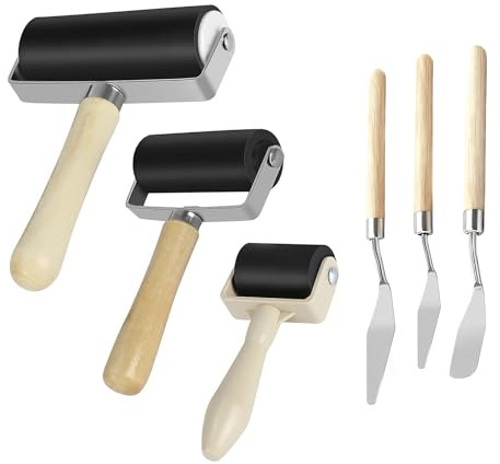 6 Pcs Brayer Roller for Crafts, 3 Sizes of Rubber Brayer Rollers and 3 Different Scraper for Printmaking Brayer Tool Paint Brush Ink Applicator Art Craft Oil Painting Tool