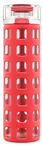 Ello Syndicate 20oz Reusable Glass Water Bottle with One-Touch Leak Proof Flip Lid and Protective Non-Slip Silicone Sleeve and Carry Loop for Coffee, Tea and Water, BPA-Free Dishwasher Safe, Coral