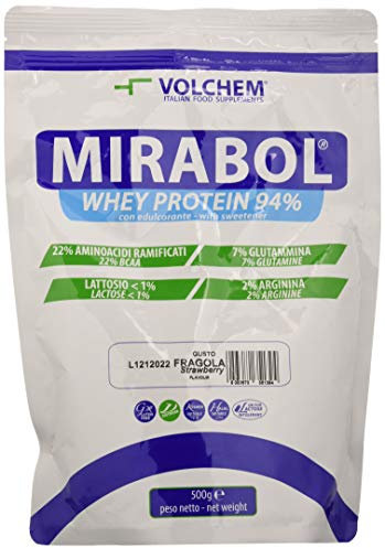Volchem Mirabol Whey Protein 94, Integratore Alimentare con Proteine del Siero del Latte, 22% Aminoacidi Ramificati, con Arginina e Glutammina, Busta con Polvere Solubile, Gusto Fragola, 500 g