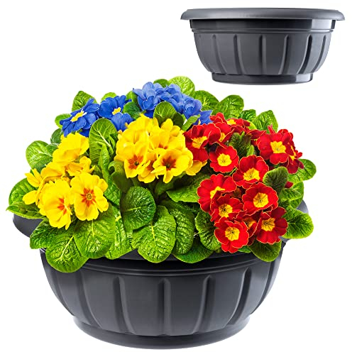 KADAX Flower Bowl, ciotola di piantagione rotonda, piantatrice di plastica, secchio focer per esterni, fiori, piante, giardino, balcone, decorazione, vaso di fiori, (26 cm, antracite)