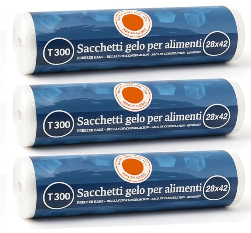 BAKAJI Set 3 Rotoli Sacchetti Freezer per Alimenti in Plastica 900 sacchi (3 x 300) Congelare e Conservare Cibo da Congelatore e Frigo in Plastica Salva Freschezza Super Resistenti (28 x 42 cm)