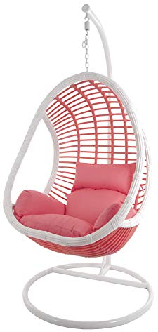 Kideo® Komplettset: Hängesessel mit Gestell & Kissen, Moderne Möbel, Poly-Rattan, Lounge (Wicklung: weiß/pink Skyline, Kissen: pink Nest (3223 Coral))