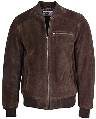 Mens Real Suede Bomber Jacket Baseball Varsity Style Reg (M, Brown)