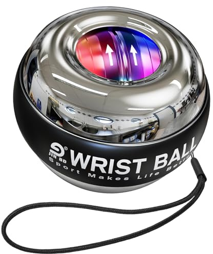 JIN BD Wrist Trainer Ball Auto-Start Gyroscopic Forearm Exerciser Gyro Ball for Strengthen Arms, Fingers, Grip and Muscles Silver-Metal (Colorful Light)