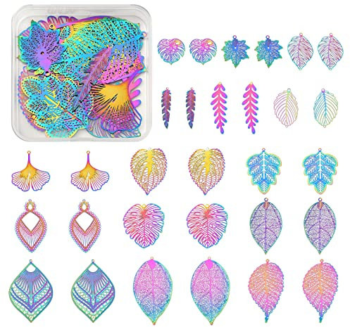 COGCHARGER 30 Pieces Rainbow Stainless Steel Leaf Charms Filigree Pendants Etched Metal Embellishments Multi-Color for Jewelry Necklace Bracelet Earring Making Crafts