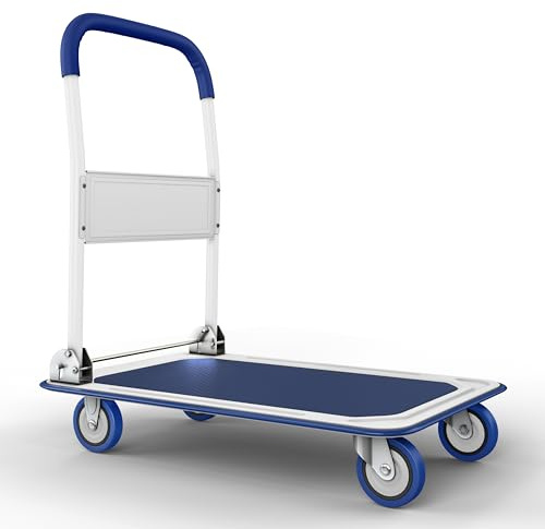 Heavy Duty Foldable Push Cart Dolly | 330 lbs. Capacity | Upgraded Collapsible Hand Truck Folding Platform with Swivel Wheels | Flat Bed Moving Wagon | Space Saving Push Handle (Blue)