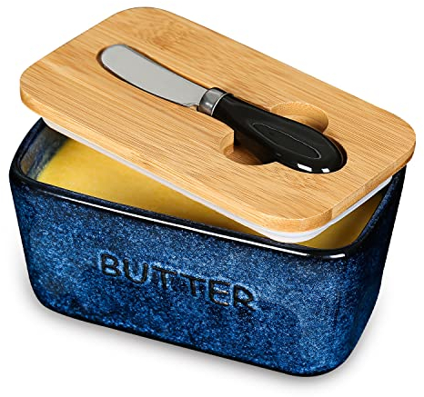 vicrays Butterdose aus Keramik, luftdichter Deckel, Butterbehälter mit Messer für Arbeitsplatte, großer Butterbehälter für West- oder Ostküsten-Butter, Blau