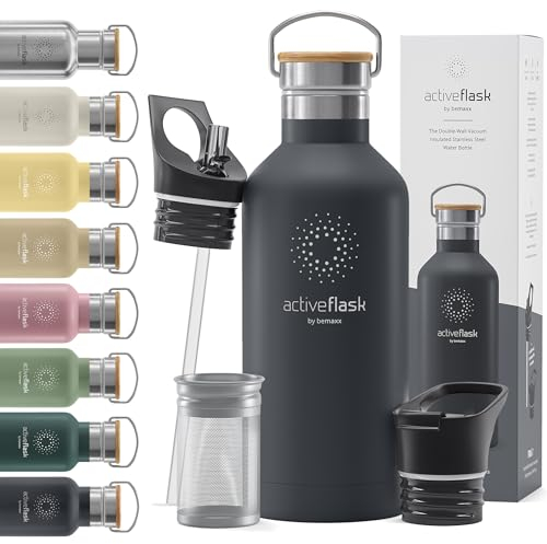 Trinkflasche Edelstahl mit Strohhalm, Infuser + 3 Deckel: BPA-frei, Auslaufsicher, Kohlensäure geeignet - Wasserflasche Fahrrad Thermosflasche Isoliert Isolierflasche Sport Wasser Flasche Kinder Tee