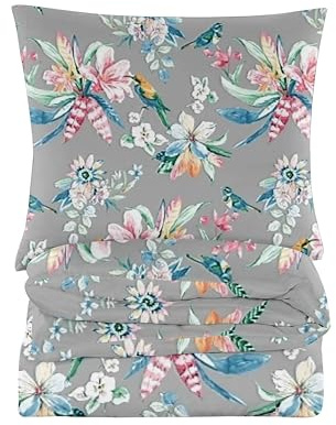 Cotton Market Bettwäsche 200x200 cm - Bettwäsche Baumwoll-Mikrofaser - Bettwäsche-Sets 3 Teilig - Bettbezug 200x200 cm und 2 Kissenbezug 70x80 cm - Grau, Vögel