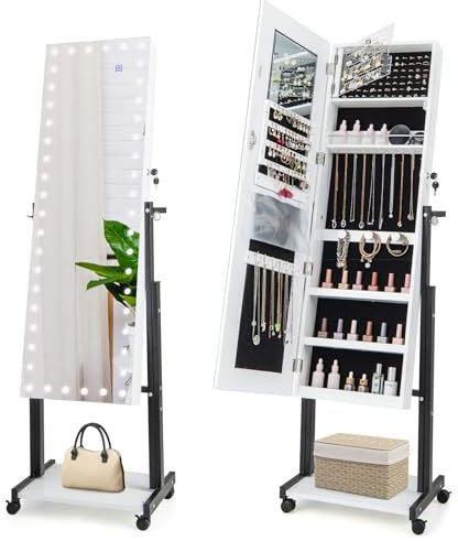 COSTWAY Smyckeskåp med hjul, 4-i-1 spegelskåp med 3-färgade LED-lampor och justerbar höjd, smyckeshylla låsbart med helkroppsspegel och stödstång, 46 x 36 x 175 cm (vit)