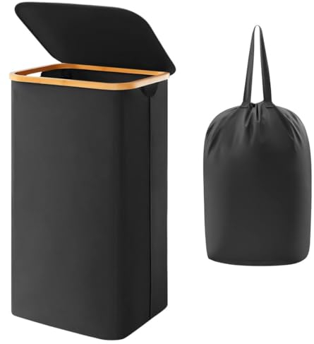 EESSENTIA 100L Large Laundry Basket with Lid - Foldable Clothes Hamper with Bamboo Handles & Removable Laundry Bag, Heavy Duty Laundry Hamper for Bedroom, Bathroom, Dorm, Laundry Room - Black