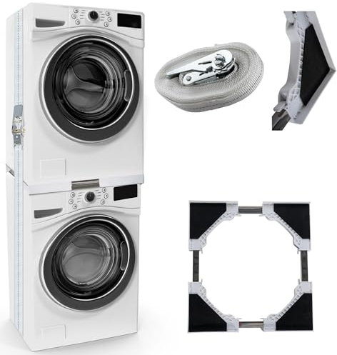 CLP Cadre de Liaison Universel pour Lave-Linge et sèche-Linge, empilable réglable en Hauteur, avec Tablette et Sangle de Fixation, Cadre, Couleur:Blanc