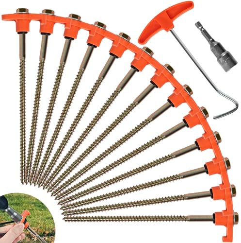 DHGKVK 12x Zeltheringe,Drehbare Zeltheringe mit Gewinde,Felsboden-Erdnägel für Camping,mit Adapter für Akkuschrauber, mit Nagelzieher, Robuste Stahl-Heringe für Camping und Outdoor (Orange Farbe)