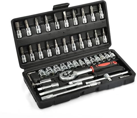 LUOJINYI 46 cajas de carraca, 1/4 pulgadas, juego de llaves de vaso cromadas, caja de carraca pequeña con carraca reversible, mini caja de carraca para la reparación del hogar y bricolaje, color negro