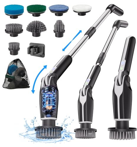 Elektrischer Schrubber, elektrische Scheuerbürste mit verstellbarem Griff und 8 austauschbaren Köpfen, Ferngesteuerter Schrubber, für Bad, Fliesen, Küche