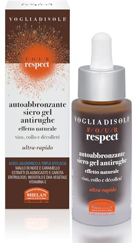 Helan, Vogliadisole Respect - Siero Viso Acido Ialuronico Autoabbronzante Antirughe Gel con Vitamina E, Inositolo e Agnocasto, Abbronzante per Abbronzatura Naturale e Luminosa per Pelli Delicate, 30ml