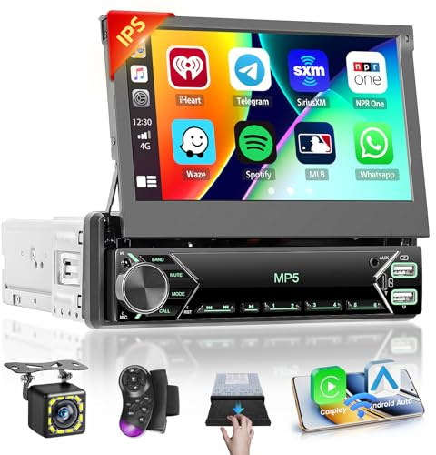 Hikity Radio Coche 1 DIN con Pantalla Extensible de 7, Radio 1 DIN con Carplay Android Auto Inalámbrica Reproducción de Video en Línea Salida de Video Radio FM BT SWC Pantalla Táctil CAM+Mic