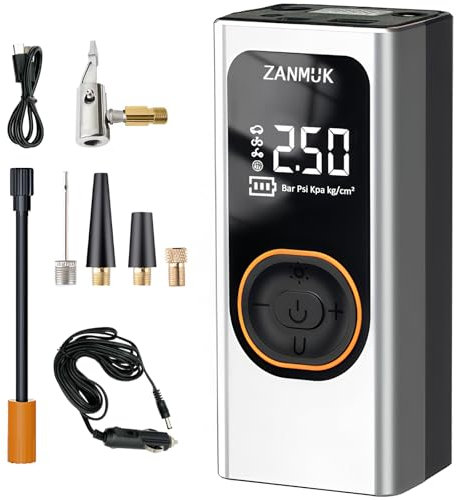 Zanmuk Tyre Inflator Air Compressor - Cordless Car Tyre Inflator Rechargeable Electric Bike Pump Pressure Gauge with LED Light for Car MotorBike Bicycle Ball