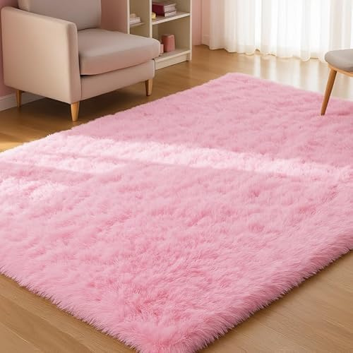 XSIVOD Alfombra mullida de pelo largo, color rosa claro, lavable, 120 x 160 cm, para salón y dormitorio, antideslizante, extra grande, suave, moderna, para habitación infantil
