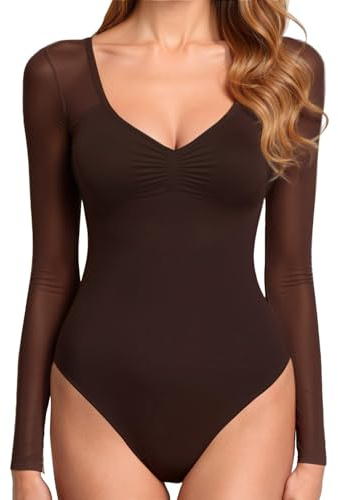 GJY Body da donna, sexy, con scollo a V, a maniche lunghe, in rete, con schiena scoperta, per modellare il corpo, tuta monopezzo, adatto per uscire, caffè, L