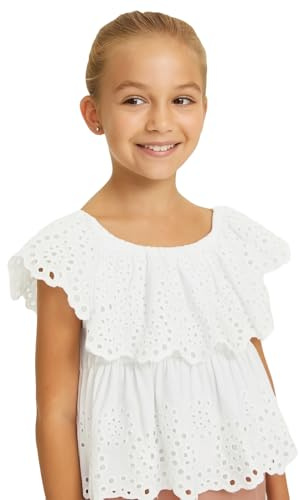 Mayoral Blusa Ricamata Bambina 10-16 Anni – Top Estivo in Cotone Bianco con Maniche a Palloncino e Ricamo Sangallo, Look Romantico per Ragazze, 6128 (IT, età, 10 Anni, Regular, Bianco 85)