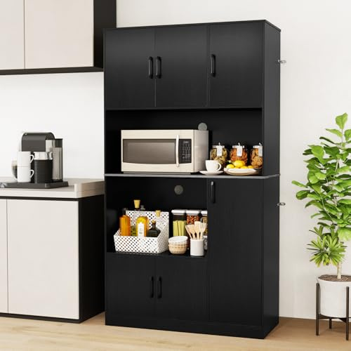 GIANTEX Armario Buffet de Cocina, Alacena Alta con Compartimentos con Puertas y Estante Abierto, Estación de Carga, 100 x 40 x 180 cm, Mueble de Almacenamiento para Comedor, Salón (Negro)