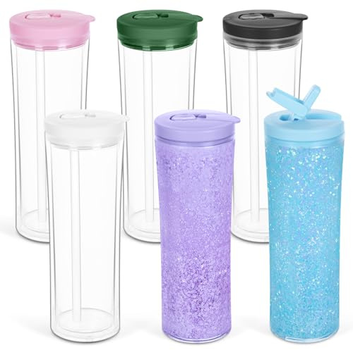 Maucircol 6 Pack 20 Oz Acrylic Snowglobe Tumbler, Mixed Color Lids