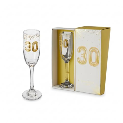 Hox 30th Birthday Champagne Flute – Gold Balloon Number 30 Glass, Elegant Gift Box, Clear Celebratory Prosecco & Sparkling Wine Glass for Milestone 30th Celebrations