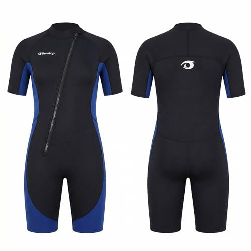 Owntop Muta da uomo Shorty 3 mm - Neoprene Shorty con cerniera frontale, manica corta per surf, nuoto, immersioni e triathlon, blu L