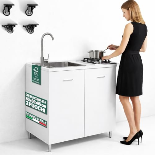 Shally Dogan Sottolavello Cucina 80 x 60 x 85 cm completo di Piano Cottura 2 Fuochi e Lavello in Acciaio Zincato 50 x 40 cm a sinistra, Rubinetteria Completa con Fontana e Accessori Inclusa (Bianco)