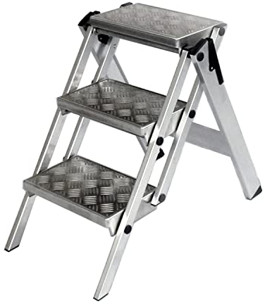 WAKÜ Little Jumbo Trittleiter 3-stufig kompaktes Maß Art.-Nr. 320 C - Alu-Quintett Belag ohne Sicherheitsbügel - Klapptreppe Made in Germany - flaches Klappmaß und breite Stufen