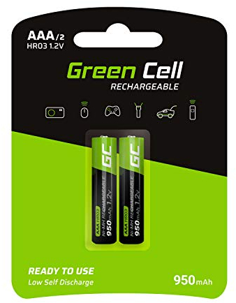 Green Cell Batterie Ricaricabili AAA 950mAh Ni-MH Precaricate – 2 Pezzi di Batterie AAA 1.2V per Uso Quotidiano, Ideali per Giocattoli, Telecomandi, Fotocamere e Altri Dispositivi Elettronici