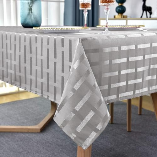 SASTYBALE Grey Jacquard Checked Tablecloth, Spill Resistant & Wrinkle Resistant Table Cover, Washable Gingham Dining Table Cloth for Kitchen, Party & Outdoor Use, Rectangle 152 X 305cm (10-12 Seats)