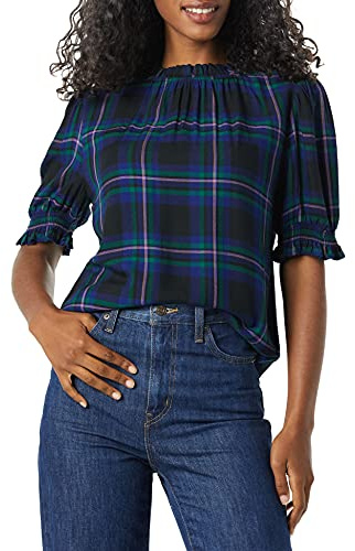 Amazon Essentials Blusa Chemisier Corta con Maniche A Sbuffo in Twill Fluido Donna, Nero Blu Tartan Chelsea, L