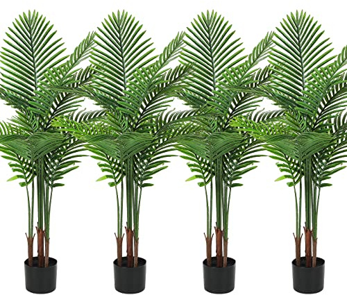 Jexine 4 Pack Artificial Palm Trees 4Ft, Fake Plants Fake Trees Artificial Areca Palm Plants for Outdoor Indoor Faux Tree in Pot for Pool Home Decor Office Housewarming Gift Modern Decoration
