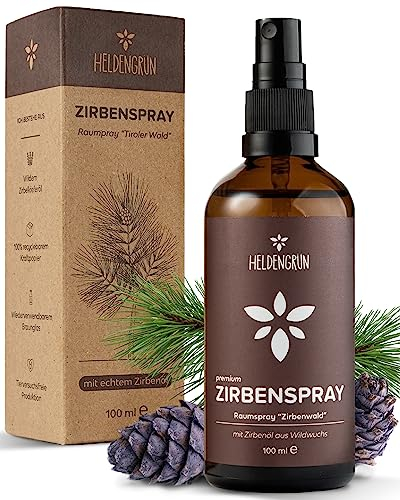 Heldengrün® Zirbenspray Alpenzirbe [ECHTES ZIRBENÖL] Dermatologisch getestet - Zirbenöl Spray - Holzig & frisch - Kissenspray & Raumspray Tannenduft - Zirbelkiefer aus Österreich