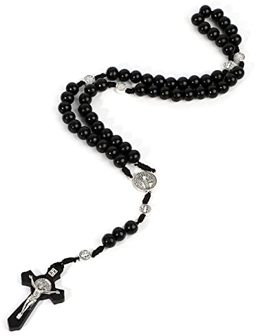 Runmeihe Collar de Rosario con Cruz Católica, Cuentas de Oración de Madera Natural con Medalla Cruz Jesucristo San Benito, para Cristianos Católicos Comunión Religiosa, Bautismo, Misa, Biblia