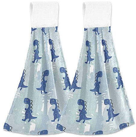 FRODOTGV Dino Blue Badezimmer Handtücher mit Schlaufen 2 Stück Frottee Waschlappen Dekorative Badezimmer Handtücher