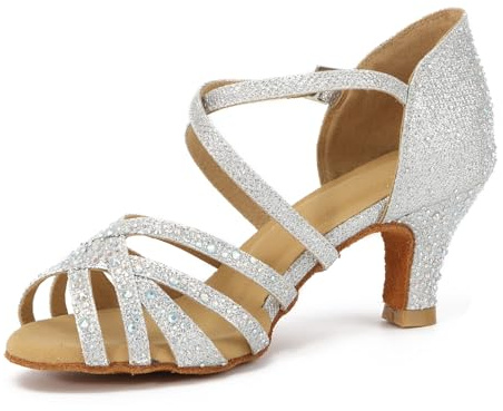 Syrads Scarpe da Ballo da Sala con Strass per Donna - Salsa Latina Pratica Traspiranti per Feste - Argento, 6cm Tacco, 37 EU