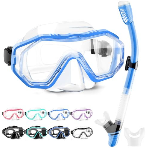 HINATAA Gafas de Buceo, 180° Antivaho Gafas de Snorkel y Antifugas Tubo de Esnórquel de Silicona, Anti UV Máscara de Buceo, Respiración Fácil Set de Snorkel para Adulto y Adolescentes (Azul)