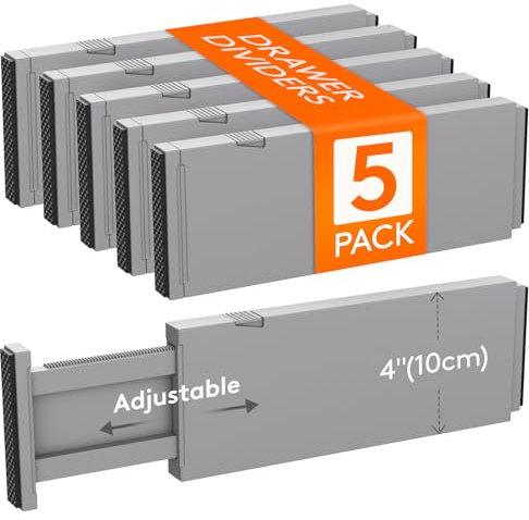 Lifewit Divisori per Cassetti in Plastica Confezione da 5 Alti 10 cm, 28-44,5 cm Organizzatori per Cassetti Regolabili, Separatori per Cassetti Espandibili per/Bagno/Cucina/Ufficio, Grigio