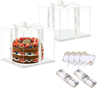 Vebetter 2pcs Boite a Gateau Transparente Boite Layer Cake Boite de Transport Gateau 18x 18cm Réutilisable Boîte à Gâteaux en Plastique avec Ruban pour Gateau et Présentoir à Dessert, 4 inch.