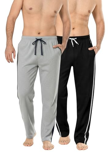 Men's Long Lounge Wear Pants Nightwear (Two Pack) Pyjama Bottoms Sleepwear (Black/Grey Design, Large)